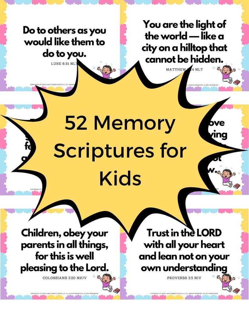 May include: A collection of 52 Memory Scriptures for Kids, featuring colorful borders and illustrations. Each card displays a Bible verse with the reference. The central design is a yellow burst with the title.