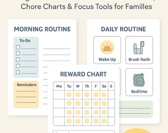 May include: Digital ADHD Parent & Kids Planner with printable routines, chore charts, and focus tools. Includes morning and daily routine templates, a reward chart, and checklists. Features the text "Instant Download".