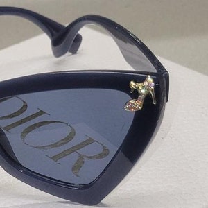 PAIR 6 - Navy blue triangle frames with an iridescent bow and rhinestone high heel pump charm