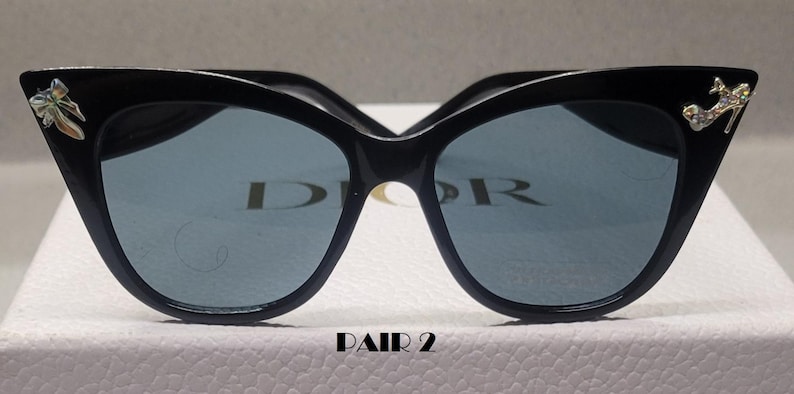 PAIR 2 - Black cateye frames with jeweled pump and bow charms