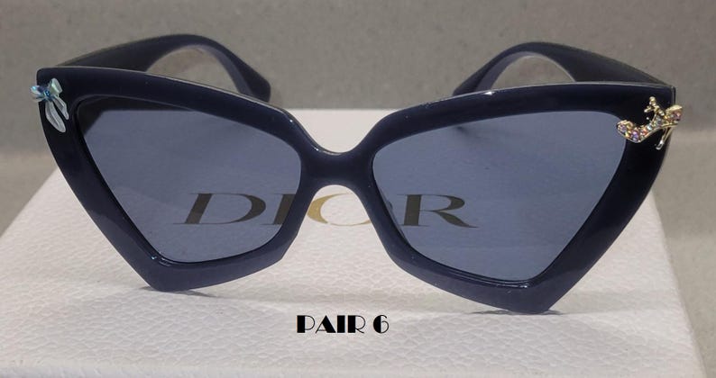 PAIR 6 - Navy blue triangle frames with an iridescent bow and rhinestone high heel pump charm