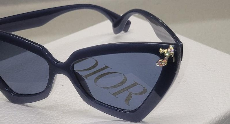 PAIR 6 - Navy blue triangle frames with an iridescent bow and rhinestone high heel pump charm