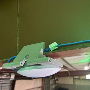 May include: A white and gray ceiling-mounted access point with a light green bracket and a blue cable. The device is attached to a brown beam and connected to a green connector. The background is a green ceiling.