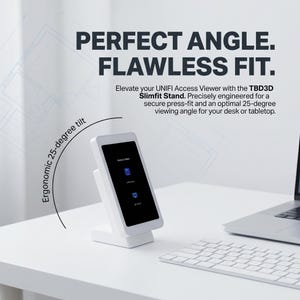 May include: A white TBD3D Slimfit Stand holding a black screen with icons, angled at 25 degrees. The stand is on a white desk, with a keyboard and laptop visible in the background. Text reads: PERFECT ANGLE. FLAWLESS FIT.