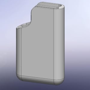 Pode incluir: Um objeto retangular cinza claro com bordas arredondadas e uma parte superior curva. A parte superior apresenta duas ranhuras paralelas rebaixadas. O objeto tem um acabamento liso e fosco e parece ser uma renderização 3D ou um design de produto.