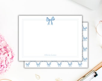 Personalized Trellis Bow Note Cards, Editable Watercolor Blue Bow Custom Stationary, Grandmillennial Stationary, Girl Stationary Download