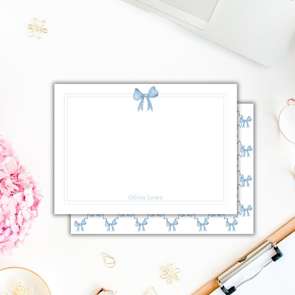 Personalized Trellis Bow Note Cards, Editable Watercolor Blue Bow Custom Stationary, Grandmillennial Stationary, Girl Stationary Download