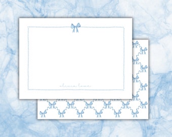 Personalized Trellis Bow Note Cards, Editable Watercolor Blue Bow Dots Custom Stationary, Grandmillennial Stationary, Girly Stationary