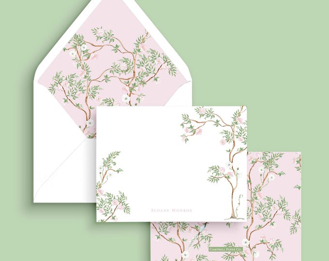 Personalized Chinoiserie Notecards: Pink & Green Stationery Set