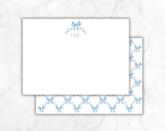 Personalized Trellis Bow Note Cards, Editable Watercolor Blue Bow Monogram Stationary, Grandmillennial Stationary, Girl Stationary Download