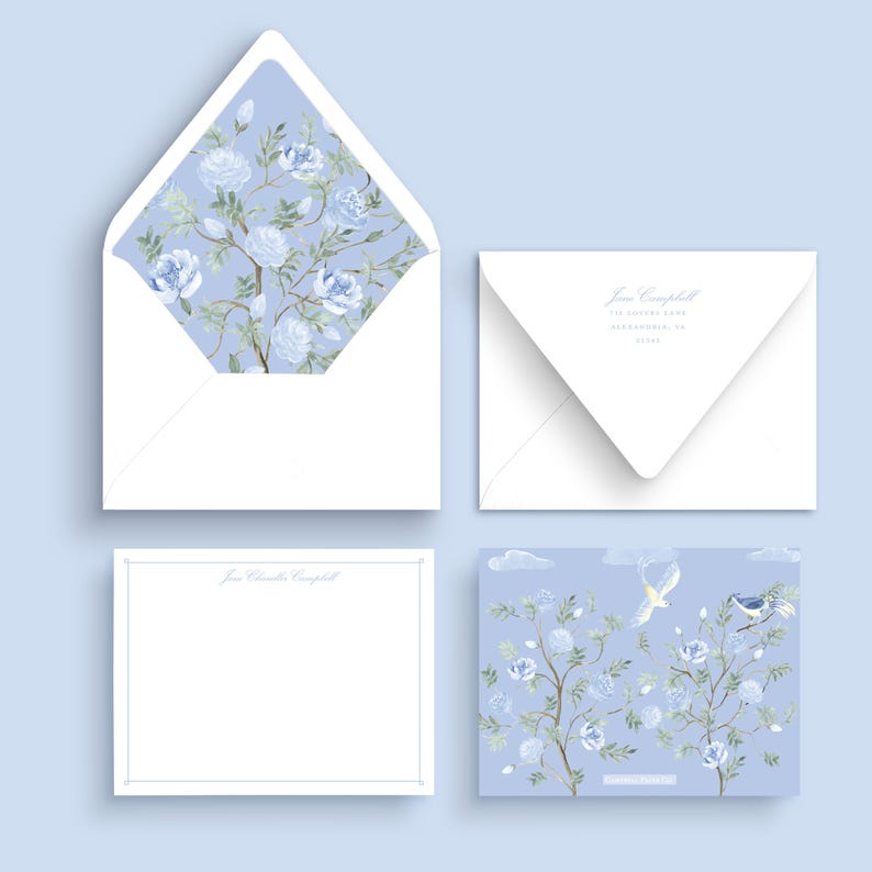 Personalized Chinoiserie Notecards: Blue Floral Stationery Set - Etsy