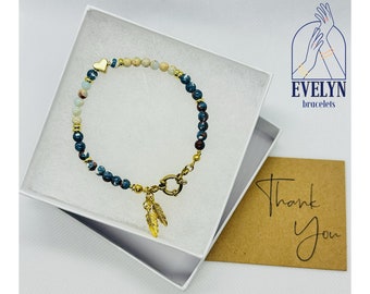 Handmade women bracelet made of natural Snakeskin Blue Stone and Darkblue Dots Rainbow 18K gold plated