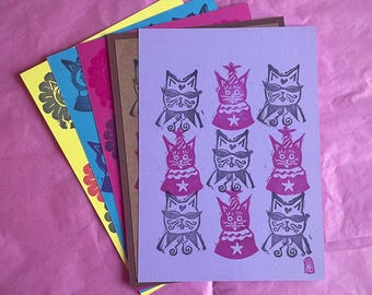 Hand-Printed Linocut Magenta & Black Clown Cats with Party Hats and Sunglasses 5”x 7” Print