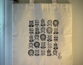 Hand-Printed Linocut Silly Cats Tote Bag (available in multiple colors)