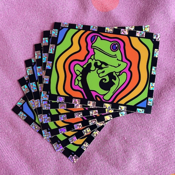 Groovy Rainbow Gay Pride Red Eyed Tree Frog Glittery Sticker - 3” x 2.5”