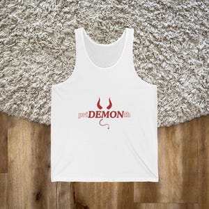 priDEMONth Unisex Jersey Tank with Devil Horns and Tail, Pride Month Tee LGBTQ Apparel, Graphic Tee, Festival Tank Mardi Gras Gender Neutral