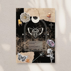 Könnte beinhalten: Eine schwarz-weiße digitale Collage mit einer Motte mit einem Schädel, einem zunehmenden Mond, einem Kreuz, einem Schmetterling, einem Stuhl, einer Rose und Text, der lautet "wir sind alle geboren so schön die größte Tragödie ist, davon überzeugt zu sein, dass wir es nicht sind".