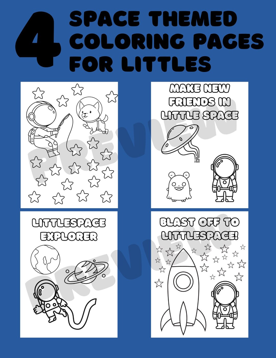4 Space Themed Coloring Pages for Littles - Printable Digital Download ...