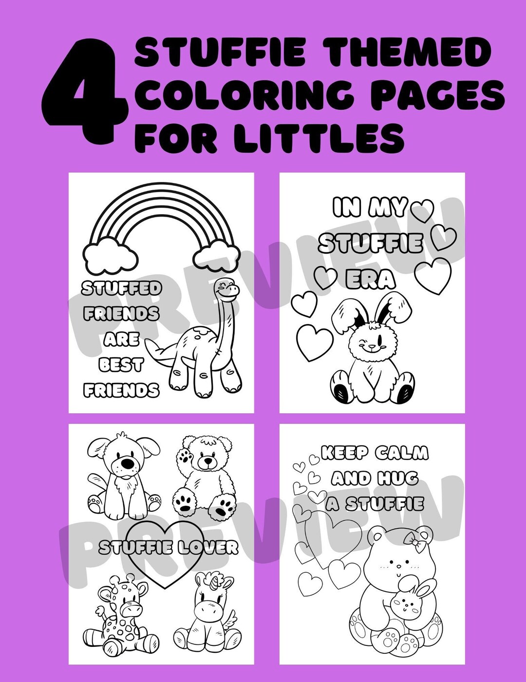 4 Stuffie Themed Coloring Pages for Littles Printable Digital Download