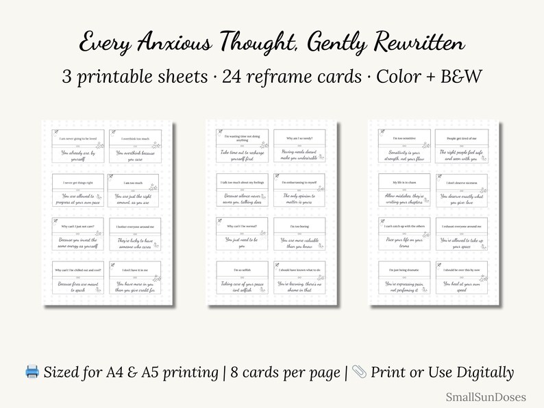 Reframe Cards Printable Affirmation Cards for Overthinkers: Gentle Anxiety Relief ...