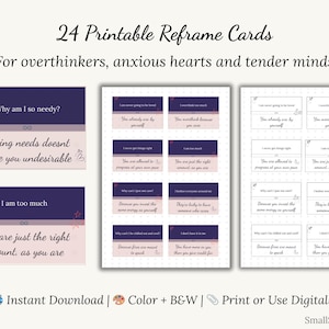24 Cartões de Reformulação para Imprimir | Afirmações para Pensadores Exagerados | Download Instantâneo em Cores e Preto e Branco