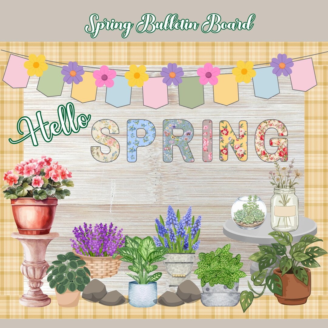 Hello Spring Bulletin Board Kit | Floral Classroom Decor | Rustic Door ...