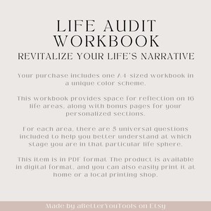 May include: A black and white text graphic on a light gray background. The text reads "LIFE AUDIT WORKBOOK REVITALIZE YOUR LIFE'S NARRATIVE". The text is in a modern, sans-serif font. Below the text is a description of the workbook, which includes information about its size, content, and format.