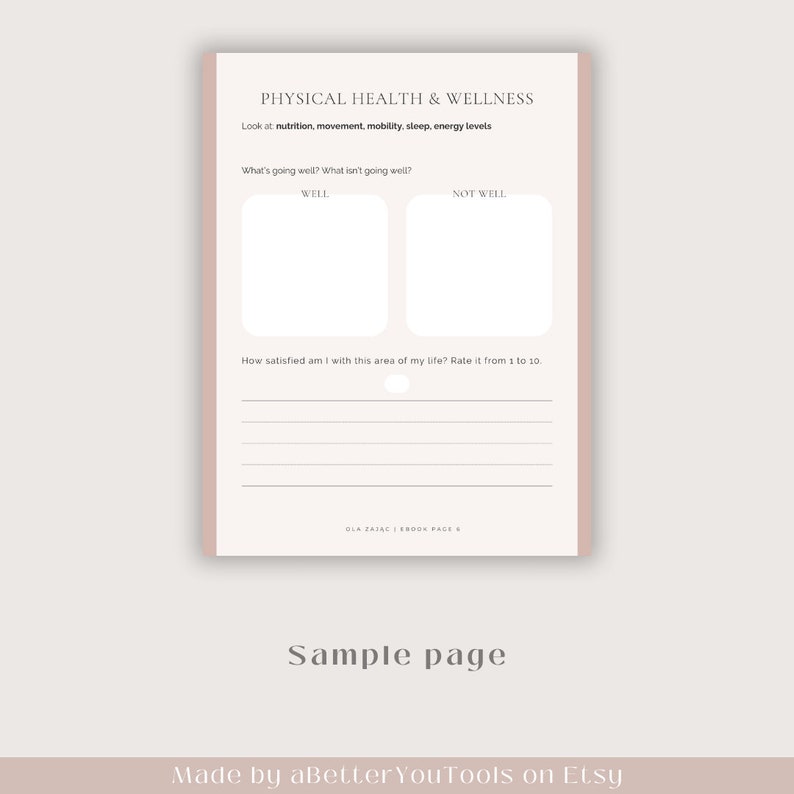 May include: A printable worksheet with a pink background and the title "Physical Health & Wellness". The worksheet asks users to reflect on their nutrition, movement, mobility, sleep, and energy levels. It includes two boxes for users to write what is going well and what is not going well. The worksheet also asks users to rate their satisfaction with this area of their life on a scale of 1 to 10.