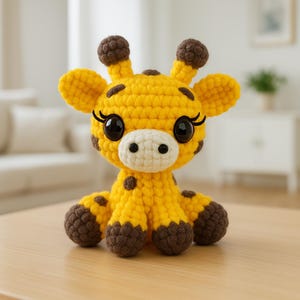 Può includere: Un giocattolo di giraffa all'uncinetto con macchie marroni e occhi grandi. La girafa è seduta su una superficie di legno.