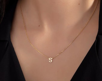 14K Gold Initial Pendant Necklace, Personalized Letter Jewelry