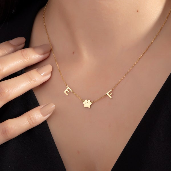 14K Gold Pets Name Initial Necklaces, Pet Initials Necklace With Paw Symbol, Special Memorial Gift for Pets Mothers, Gifts For Mother's Day