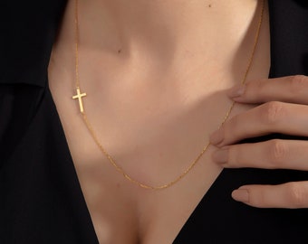 14K Gold Sideways Cross Necklaces For Women, Sterling Silver Crucifix Necklace, Religious Jewelry, Gift For Mothers, Gifts For Mother's Day