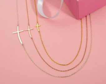 18K Gold Sideways Cross Necklaces For Women, Sterling Silver Curved Cross Necklaces, 14K Gold Curved Cross Pendants, Gifts For Mother's Day