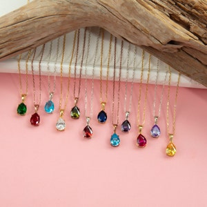 14K Gold Pear Birthstone Necklaces, Personalized Gifts, Silver Teardrop Emerald Ruby Sapphire Pendants, Gift For Her, Gifts For Mother&#39;s Day