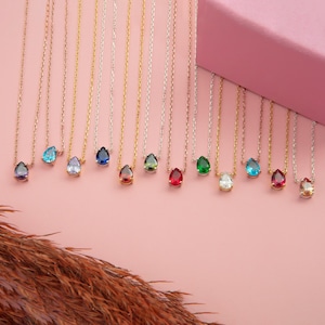 14K Gold Birne Birthstone Halsketten, personalisiertes Geschenk für sie, Mamas Geschenk, Sterlingsilber Teardrop Edelstein-Anhänger, Geschenke für Muttertag