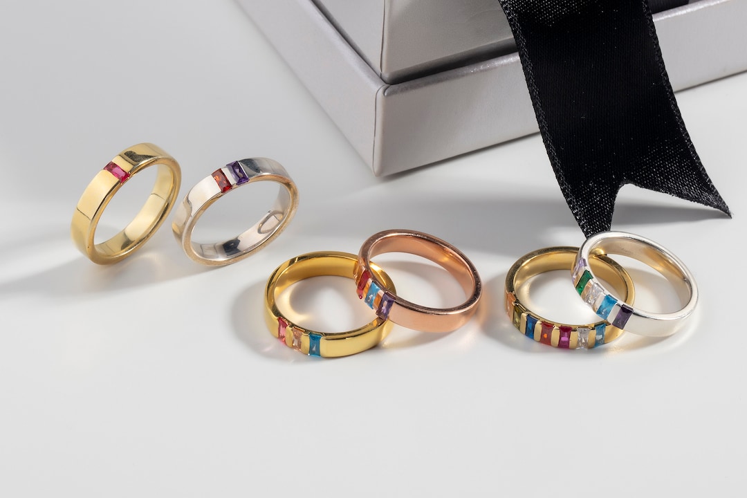 Silver Baguette Birthstone Rings, Personalized Gifts, 14K Gold Initial ...