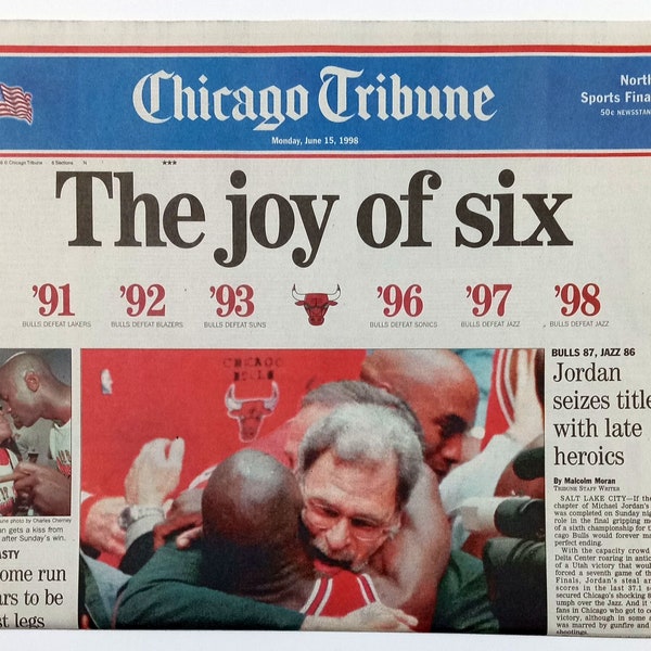 Chicago Bulls - Titre NBA 1998 - The Chicago Tribune - « The Joy of Six » - Pochette et couverture sport authentifiée