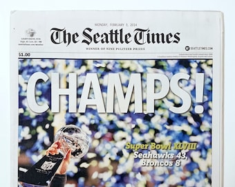 Seattle Seahawks - Título del Super Bowl 2014 - The Seattle Times - "¡Campeones!" - Sellado y portada autenticada por Sports