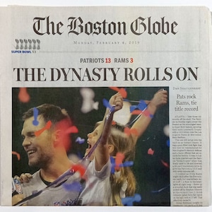 New England Patriots - 2019 NFL Super Bowl Title - The Boston Globe - &quot;The Dynasty Rolls On&quot; - Sealed and Front Cover Sports Authenticated