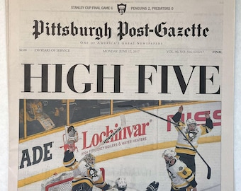 Pittsburgh Penguins - 2017 NHL Stanley Cup Title - Pittsburgh Post Gazette - "HIGH FIVE" - Sealed and Front Cover Sports Authenticated