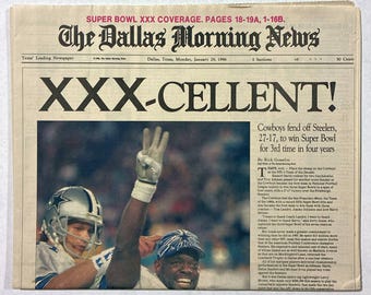Dallas Cowboys - 1996  NFL Super Bowl - The Dallas Morning News - "XXX-CELLENT!" - 1/29/1996 - Sealed and Front Cover Sports Authenticated
