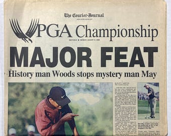 Tiger Woods - 2000 PGA Golf Championship - The Courier Journal - "MAJOR FEAT" - 8/21/2000 - Sealed and Front Cover Sports Authenticated