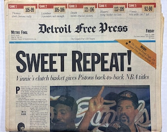 Detroit Pistons - 1990 NBA Champions - The Detroit Free Press Newspaper - "SWEET REPEAT!" - Sealed and Front Cover Sports Authenticated