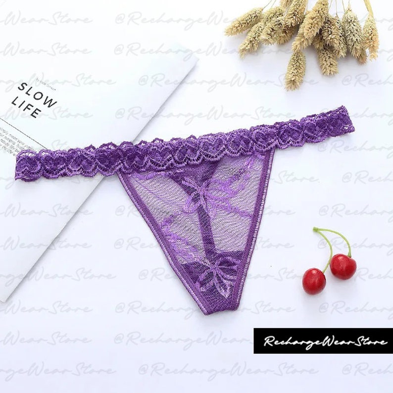 Custom Lace Thongs With Jewelry Crystal Letter Name for Her Purple