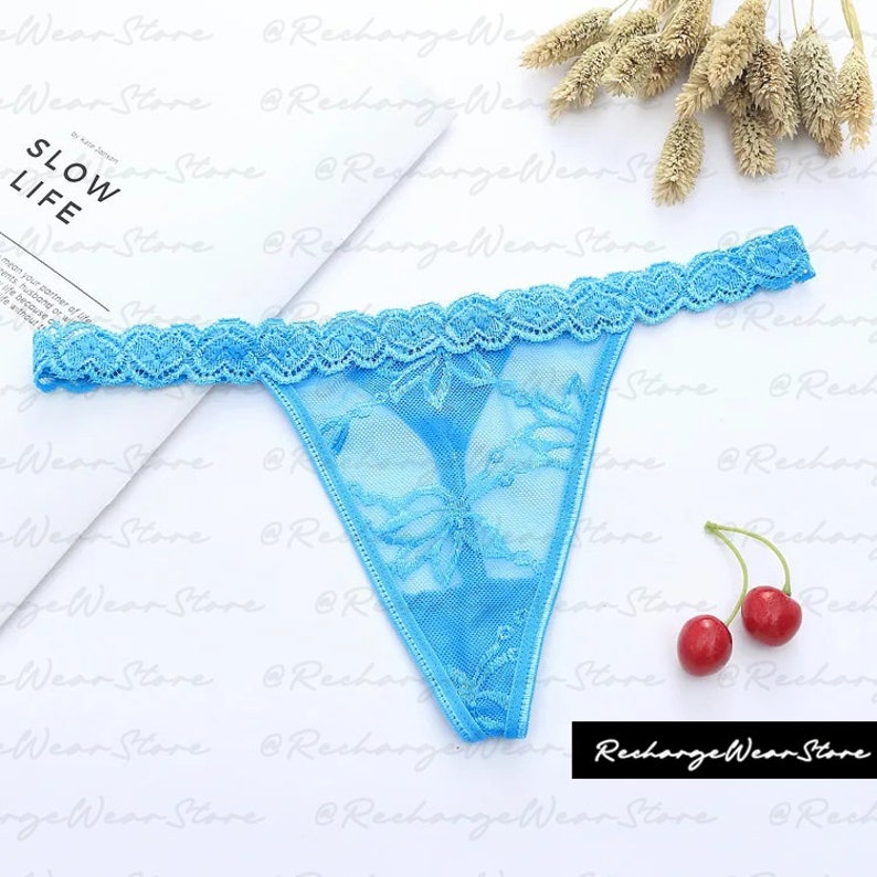 Custom Lace Thongs With Jewelry Crystal Letter Name for Her Blue