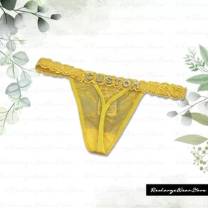 Personalised Name Thong, Custom Lace Thongs With Jewelry Crystal Letter Name For Her, Custom Name Thong, Honymoon Gift for Girlfriend, Wife Yellow