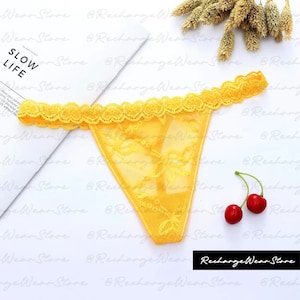 Custom Lace Thongs With Jewelry Crystal Letter Name for Her Yellow
