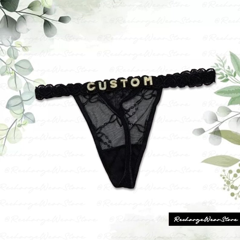 Personalised Name Thong, Custom Lace Thongs With Jewelry Crystal Letter Name For Her, Custom Name Thong, Honymoon Gift for Girlfriend, Wife Black