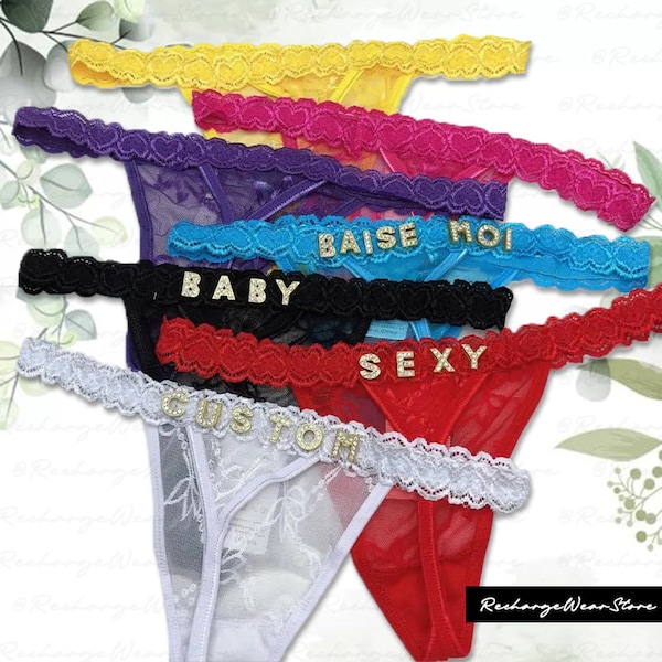 Gepersonaliseerde naam Thong, aangepaste Lace Thongs met sieraden Crystal Letter naam voor haar, aangepaste naam Thong, Honymoon cadeau voor vriendin, vrouw