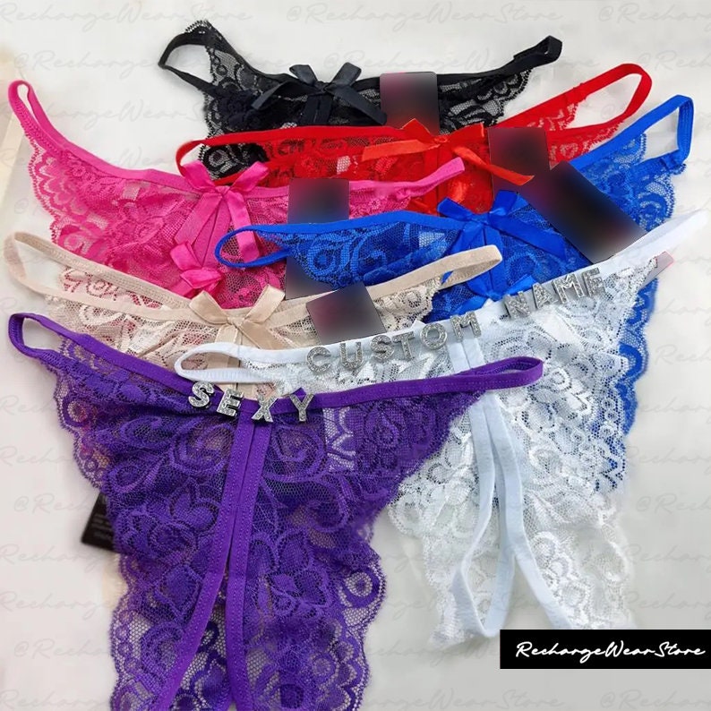 String avec nom personnalisé, string en dentelle personnalisé, string en dentelle de mariée, culotte de mariée, cadeau de mariage, lingerie lune de miel, lingerie de mariée, entrejambe image 1